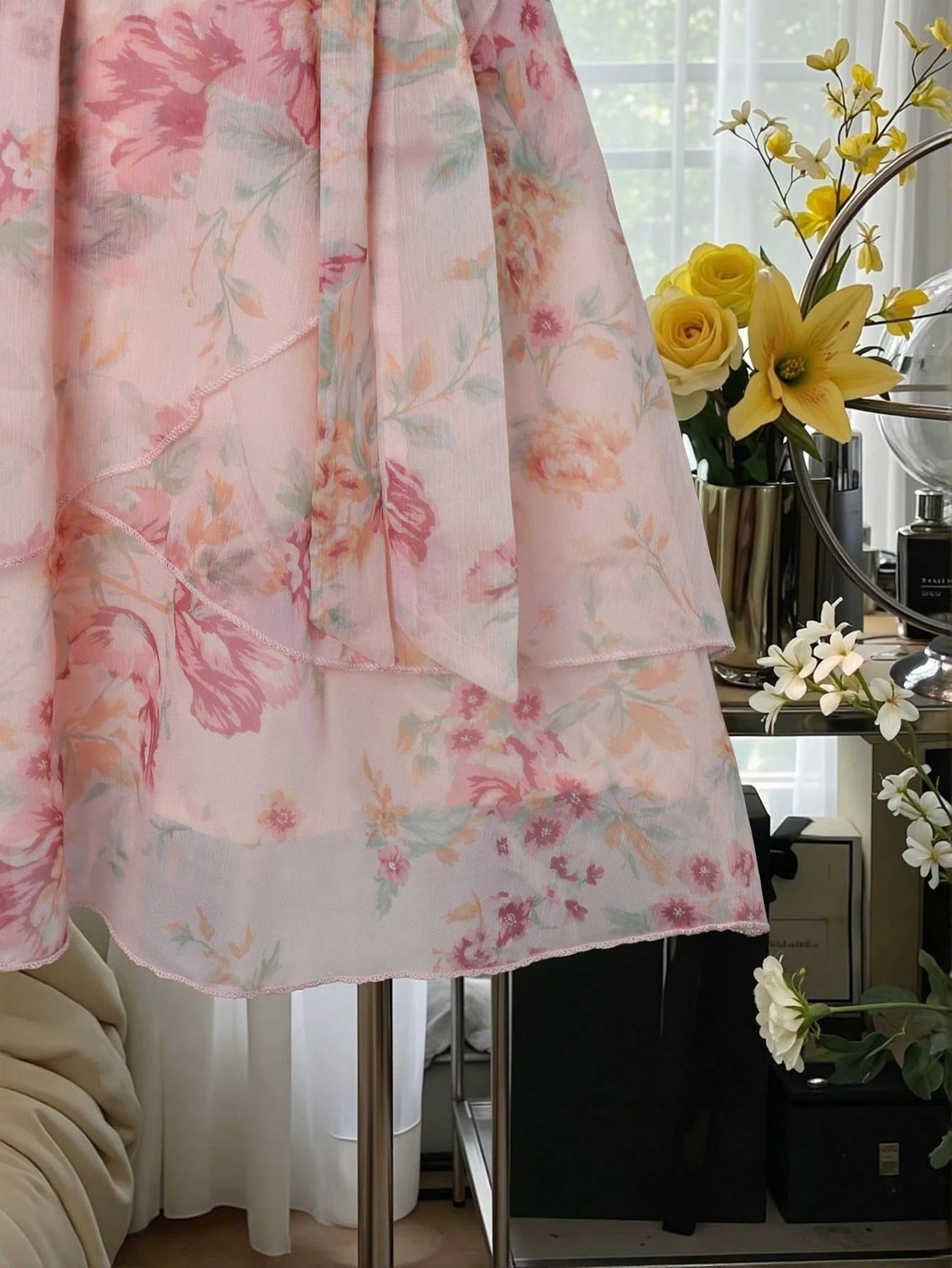 Celisse Women Floral Pink Floral DressFloral Tulle Dress With Tie Waist For Slim Fit, Versatile Flattering Elegant Cute Graduation Party Date Tea Party Summer