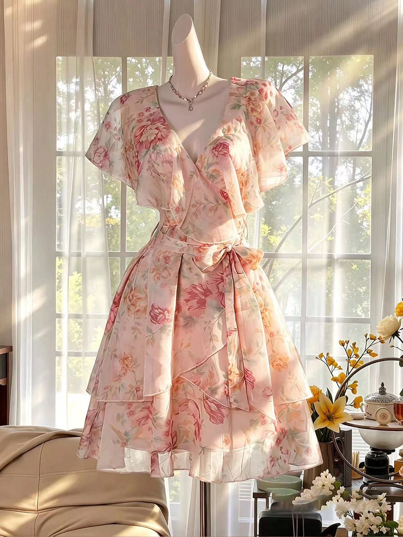 Celisse Women Floral Pink Floral DressFloral Tulle Dress With Tie Waist For Slim Fit, Versatile Flattering Elegant Cute Graduation Party Date Tea Party Summer
