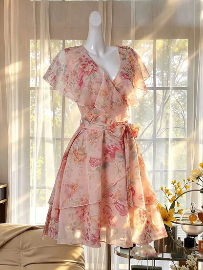 Celisse Women Floral Pink Floral DressFloral Tulle Dress With Tie Waist For Slim Fit, Versatile Flattering Elegant Cute Graduation Party Date Tea Party Summer