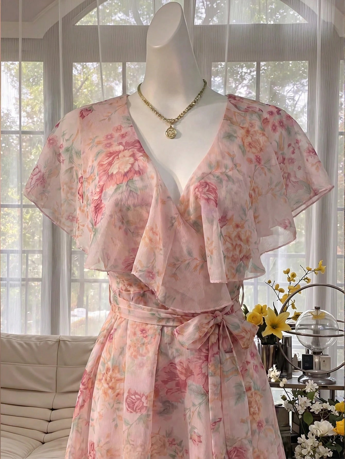 Celisse Women Floral Pink Floral DressFloral Tulle Dress With Tie Waist For Slim Fit, Versatile Flattering Elegant Cute Graduation Party Date Tea Party Summer