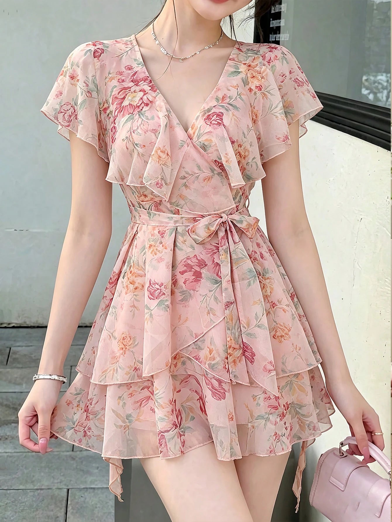 Celisse Women Floral Pink Floral DressFloral Tulle Dress With Tie Waist For Slim Fit, Versatile Flattering Elegant Cute Graduation Party Date Tea Party Summer