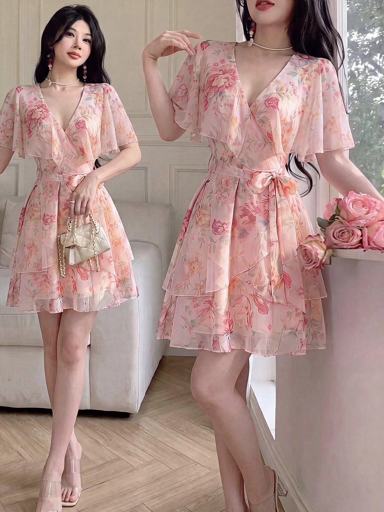 Celisse Women Floral Pink Floral DressFloral Tulle Dress With Tie Waist For Slim Fit, Versatile Flattering Elegant Cute Graduation Party Date Tea Party Summer