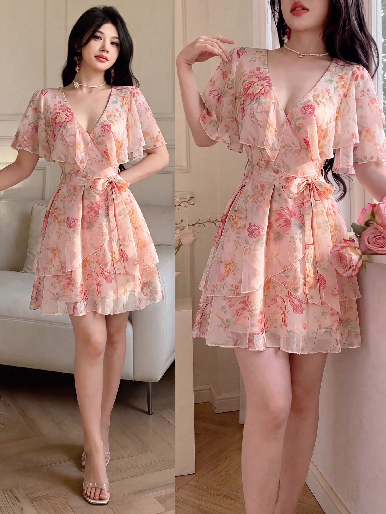 Celisse Women Floral Pink Floral DressFloral Tulle Dress With Tie Waist For Slim Fit, Versatile Flattering Elegant Cute Graduation Party Date Tea Party Summer