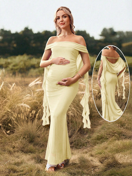 Cheriluna Maternity Solid Color Off-Shoulder Backless Maternity Maxi Dress, Suitable For Christmas Party, Elegant Party, Baby Shower