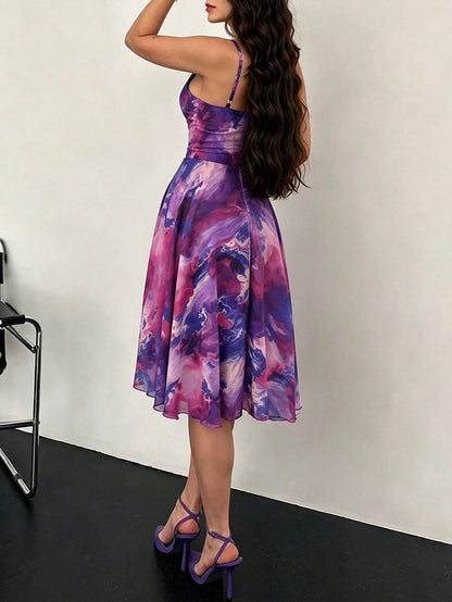ChicMe Women's Ombre Print Ruched A-Line Sleeveless Midi Dress, Back Zipper Design, Casual Elegant, Suitable For Daily And Vacation Wear