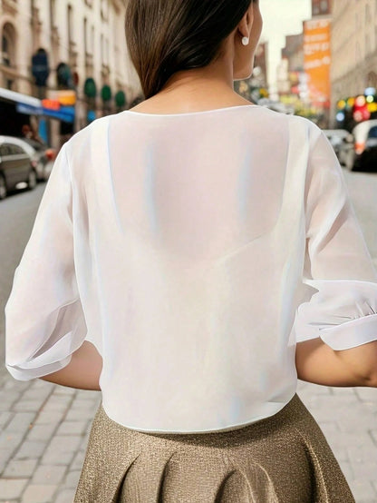Chiffon Tie-Front Solid Color Shirt, Summer Vacation Cover Up, Beach Cover-Up, Lightweight Short Shawl Top, Spring Casual Cover Up White