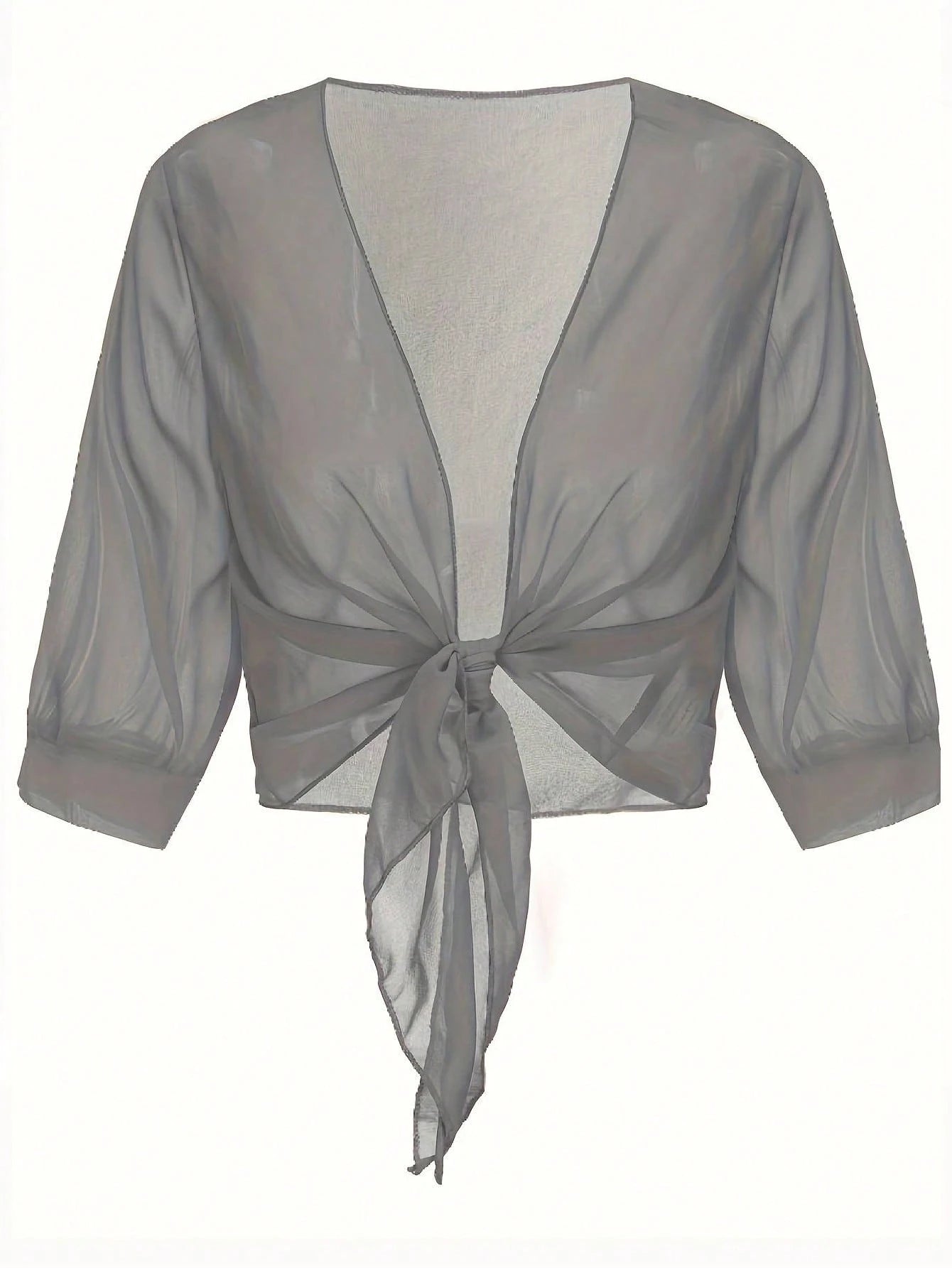 Chiffon Tie-Front Solid Color Shirt, Summer Vacation Cover Up, Beach Cover-Up, Lightweight Short Shawl Top, Spring Casual Cover Up White