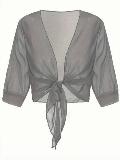 Chiffon Tie-Front Solid Color Shirt, Summer Vacation Cover Up, Beach Cover-Up, Lightweight Short Shawl Top, Spring Casual Cover Up White