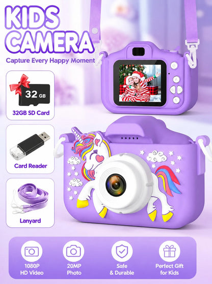 Children's HD Digital Camera, Rechargeable Kids Selfie Camera With Photo Video Game Functions, Portable Mini Camera Toy For Boys Girls Age 3-12, Includes 32GB SD Card & Card Reader, Lightweight Educat