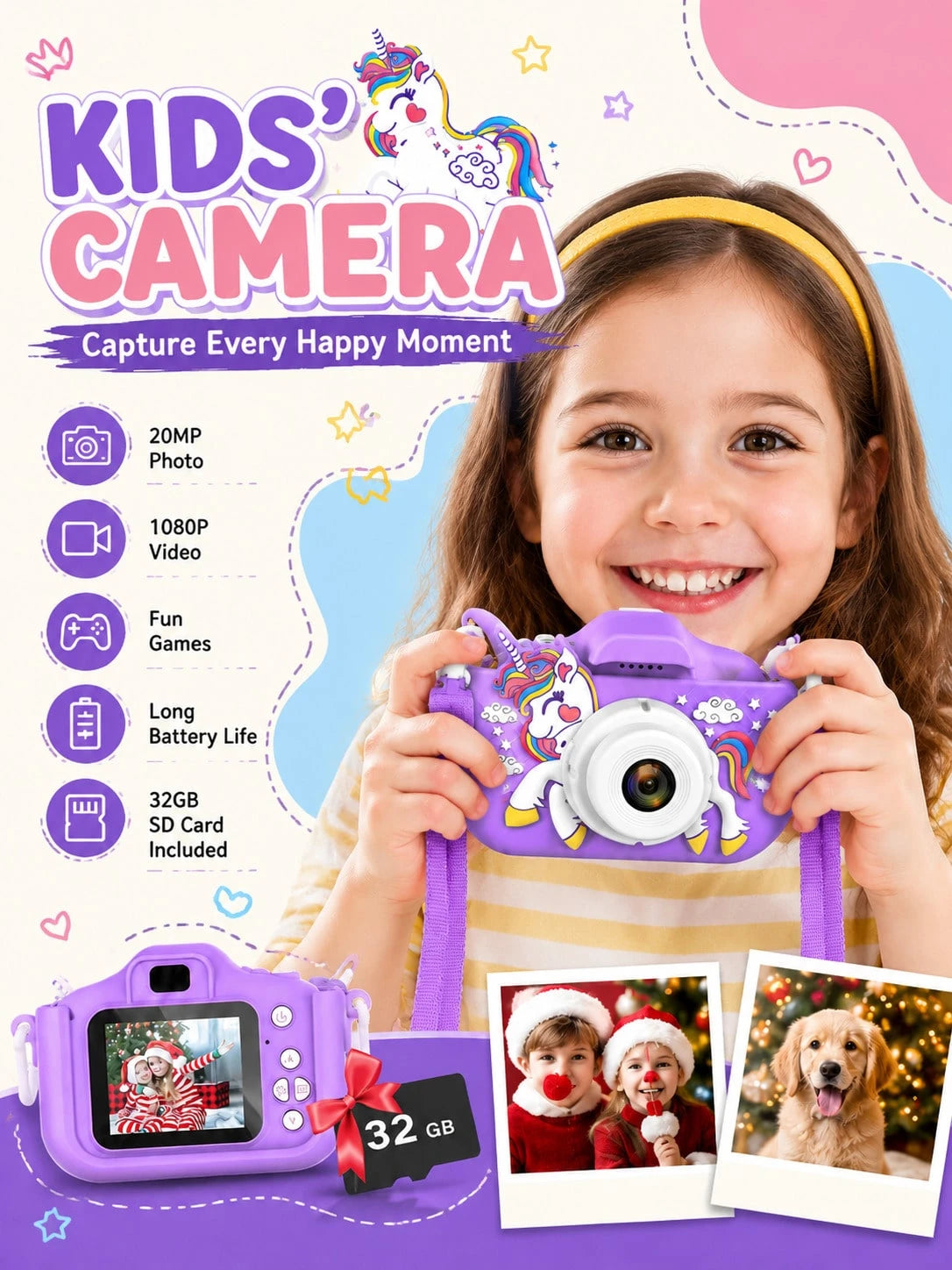 Children's HD Digital Camera, Rechargeable Kids Selfie Camera With Photo Video Game Functions, Portable Mini Camera Toy For Boys Girls Age 3-12, Includes 32GB SD Card & Card Reader, Lightweight Educat