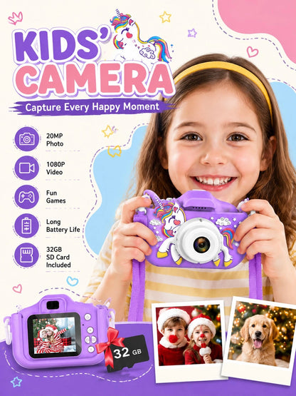 Children's HD Digital Camera, Rechargeable Kids Selfie Camera With Photo Video Game Functions, Portable Mini Camera Toy For Boys Girls Age 3-12, Includes 32GB SD Card & Card Reader, Lightweight Educat