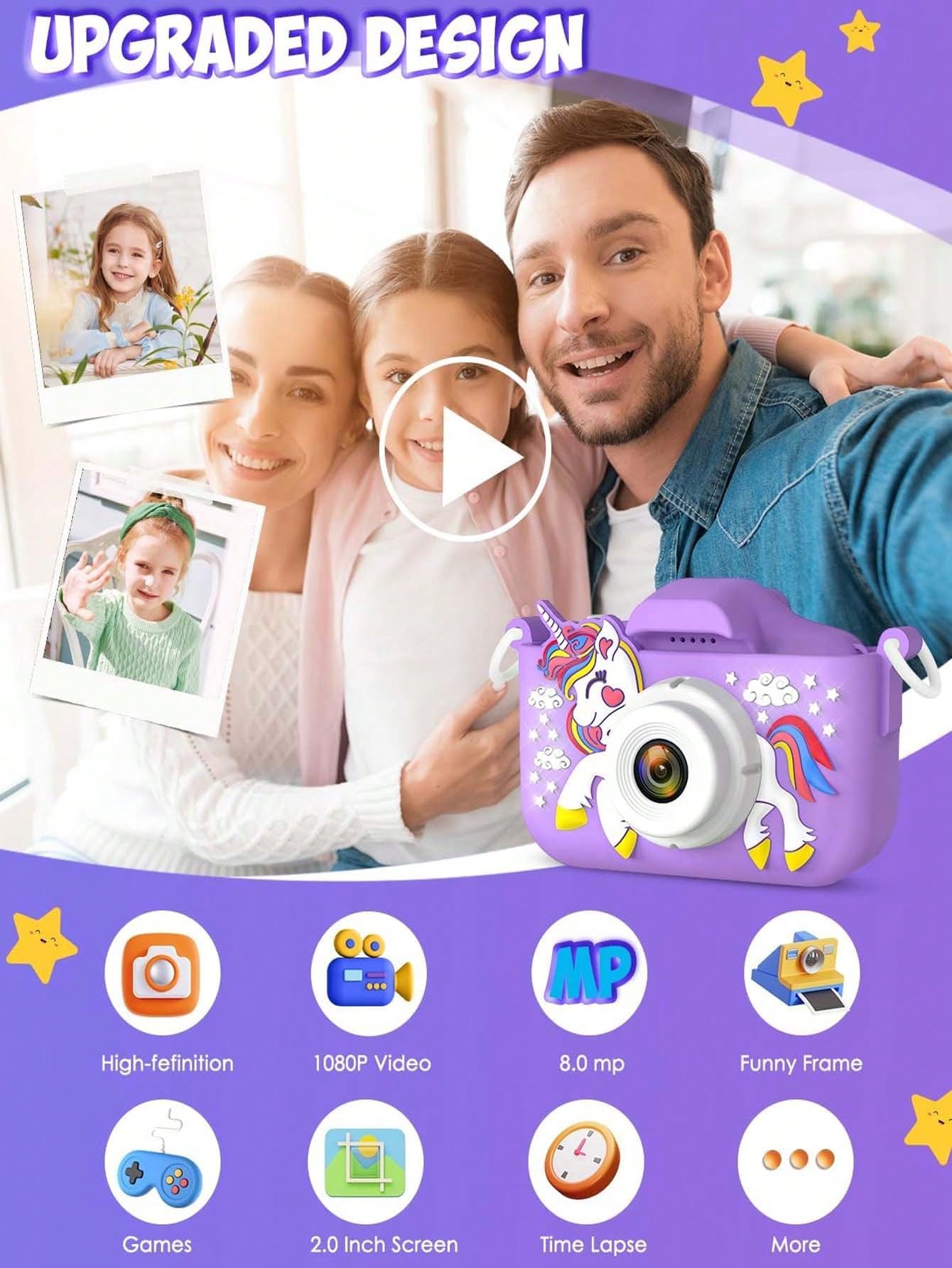 Children's HD Digital Camera, Rechargeable Kids Selfie Camera With Photo Video Game Functions, Portable Mini Camera Toy For Boys Girls Age 3-12, Includes 32GB SD Card & Card Reader, Lightweight Educat