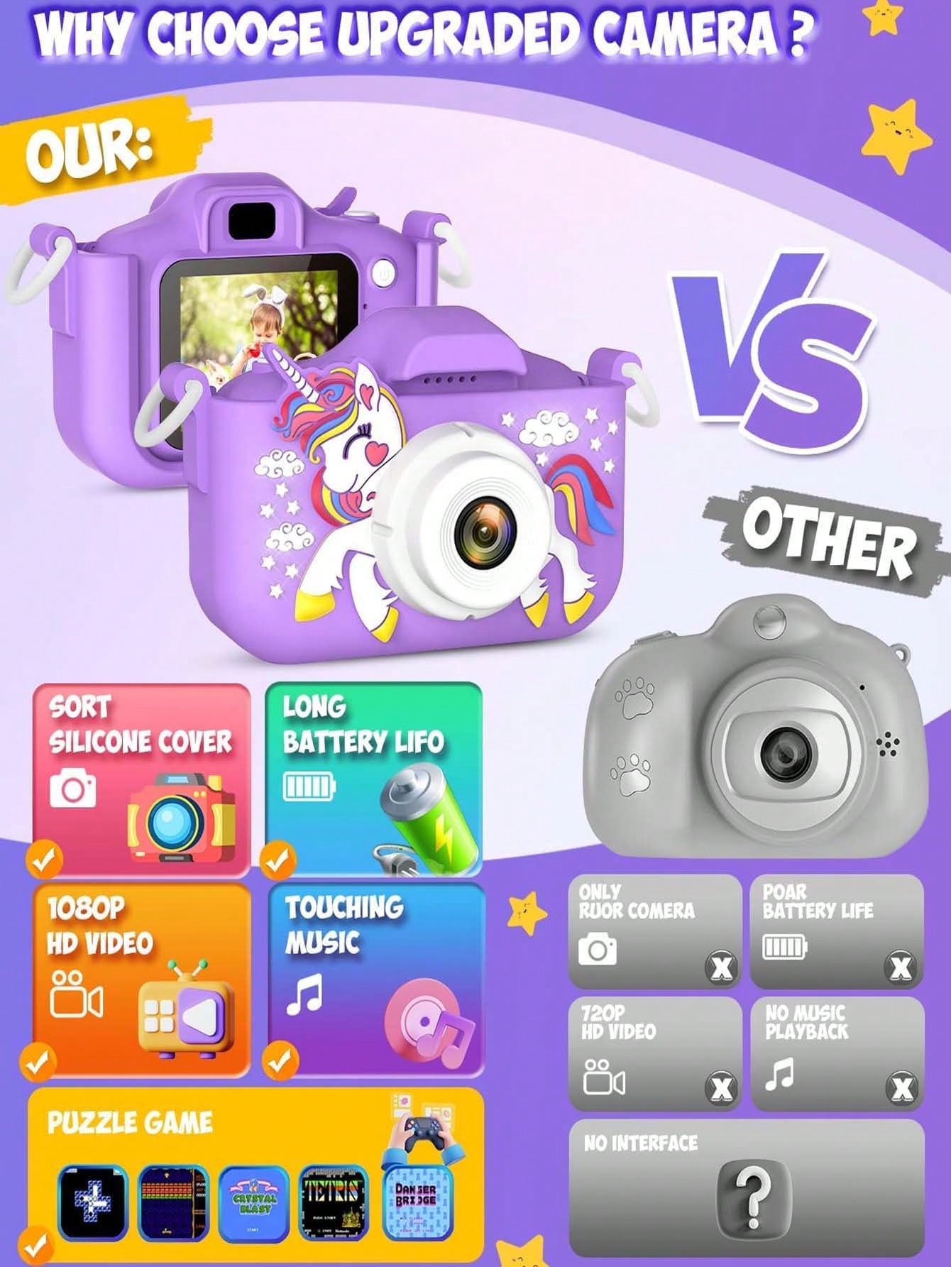 Children's HD Digital Camera, Rechargeable Kids Selfie Camera With Photo Video Game Functions, Portable Mini Camera Toy For Boys Girls Age 3-12, Includes 32GB SD Card & Card Reader, Lightweight Educat