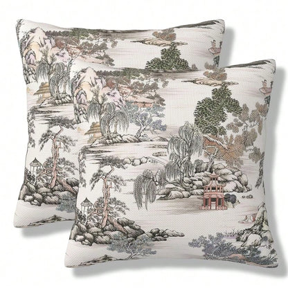 Chinoiserie Pattern Throw Pillow Covers Natural Scenic Botanical Tree Square Pillow Cover 18x18 Inch Set Of 2 Beige G Reen Decorative Pillowcase Cushion Cases Home Decor For Couch Sofa
