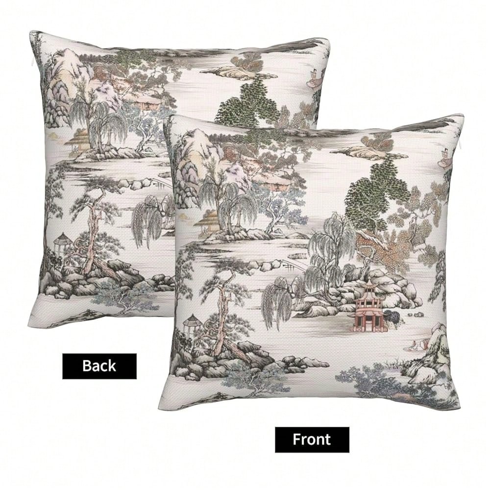 Chinoiserie Pattern Throw Pillow Covers Natural Scenic Botanical Tree Square Pillow Cover 18x18 Inch Set Of 2 Beige G Reen Decorative Pillowcase Cushion Cases Home Decor For Couch Sofa