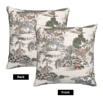 Chinoiserie Pattern Throw Pillow Covers Natural Scenic Botanical Tree Square Pillow Cover 18x18 Inch Set Of 2 Beige G Reen Decorative Pillowcase Cushion Cases Home Decor For Couch Sofa