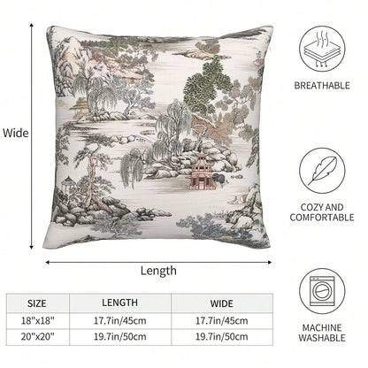 Chinoiserie Pattern Throw Pillow Covers Natural Scenic Botanical Tree Square Pillow Cover 18x18 Inch Set Of 2 Beige G Reen Decorative Pillowcase Cushion Cases Home Decor For Couch Sofa
