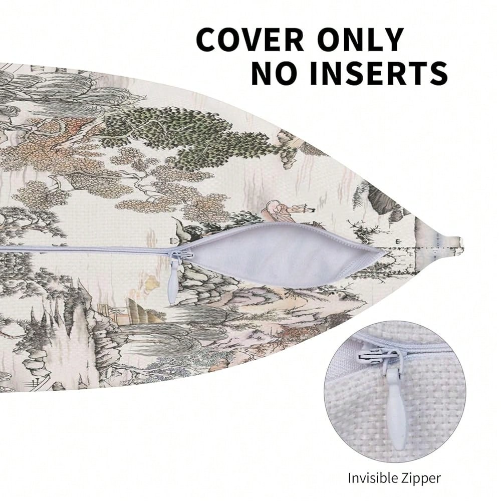 Chinoiserie Pattern Throw Pillow Covers Natural Scenic Botanical Tree Square Pillow Cover 18x18 Inch Set Of 2 Beige G Reen Decorative Pillowcase Cushion Cases Home Decor For Couch Sofa