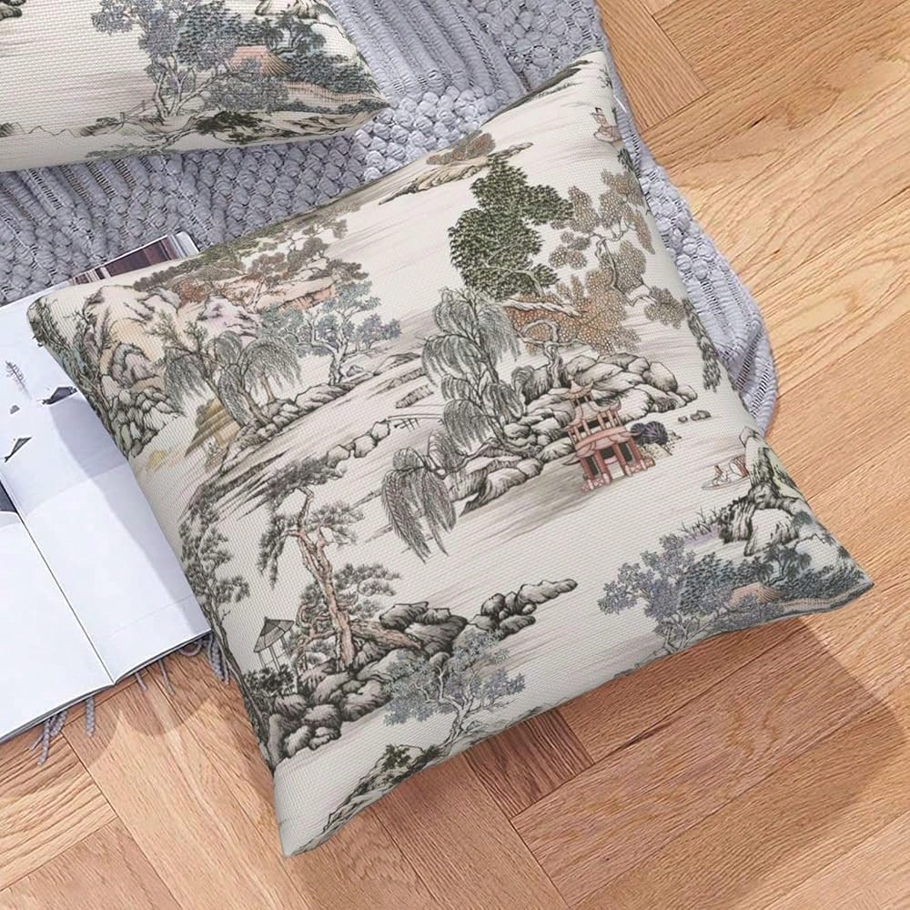 Chinoiserie Pattern Throw Pillow Covers Natural Scenic Botanical Tree Square Pillow Cover 18x18 Inch Set Of 2 Beige G Reen Decorative Pillowcase Cushion Cases Home Decor For Couch Sofa