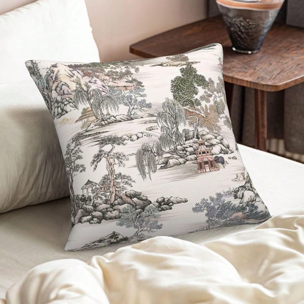 Chinoiserie Pattern Throw Pillow Covers Natural Scenic Botanical Tree Square Pillow Cover 18x18 Inch Set Of 2 Beige G Reen Decorative Pillowcase Cushion Cases Home Decor For Couch Sofa