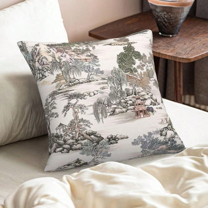 Chinoiserie Pattern Throw Pillow Covers Natural Scenic Botanical Tree Square Pillow Cover 18x18 Inch Set Of 2 Beige G Reen Decorative Pillowcase Cushion Cases Home Decor For Couch Sofa