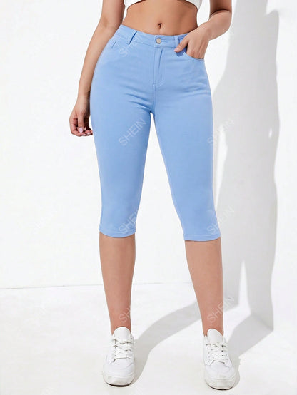 Chiquease Women Summer Casual Solid Slim Fit Capri Pants