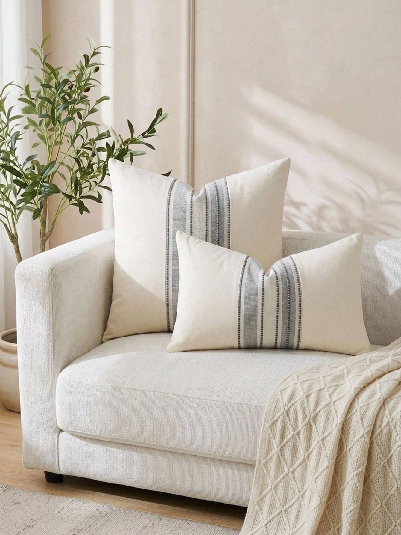 Cirelle 1pc Neutral Woven Stripe Throw Pillow Cover, Cream Boho Decorative Cushion Case, Textured Linen Look Accent Pillowcase For Sofa Couch Bedroom Decor (No Insert)