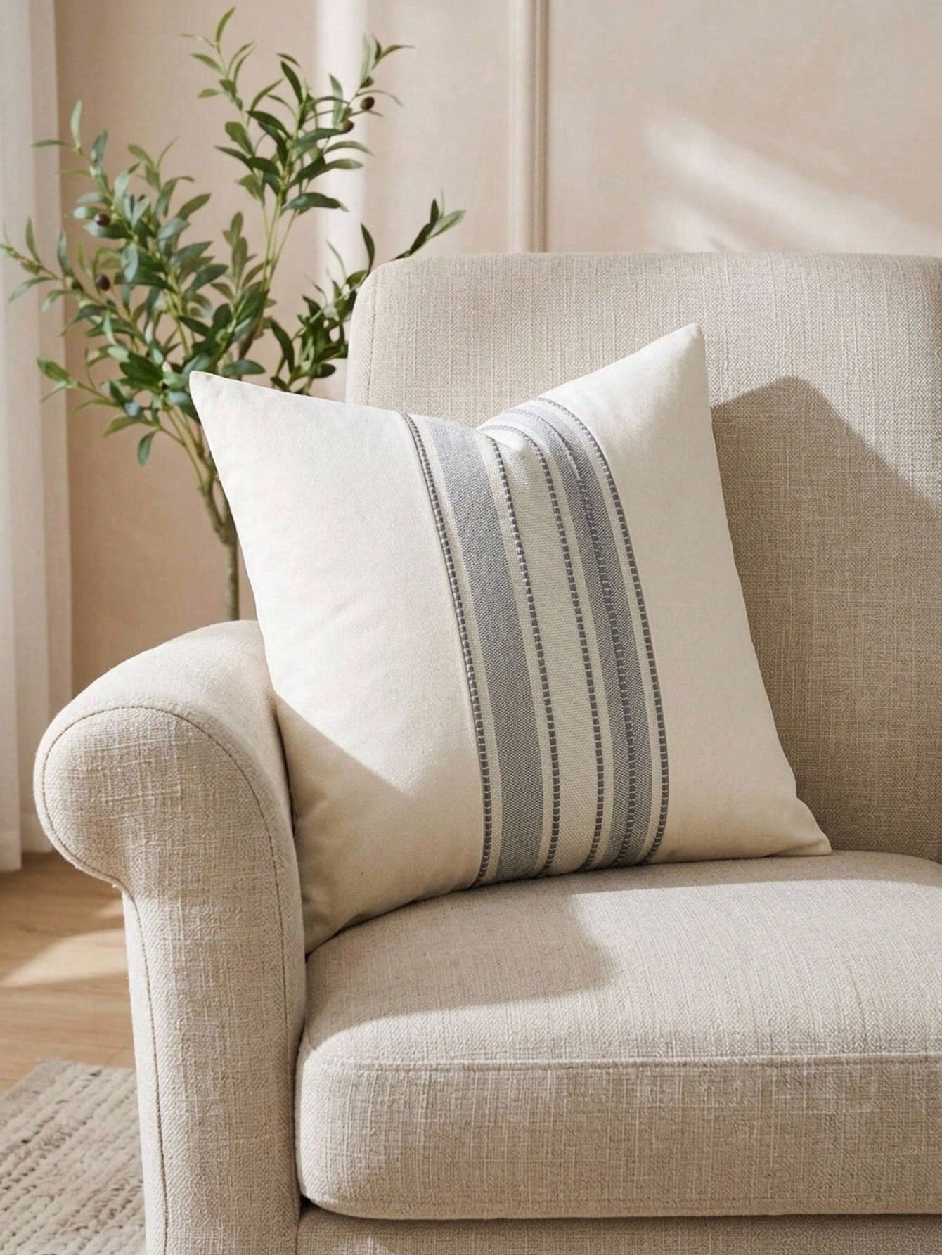 Cirelle 1pc Neutral Woven Stripe Throw Pillow Cover, Cream Boho Decorative Cushion Case, Textured Linen Look Accent Pillowcase For Sofa Couch Bedroom Decor (No Insert)