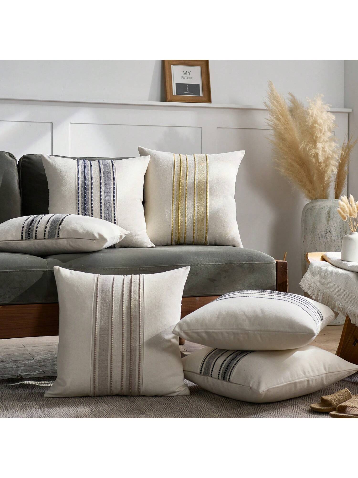 Cirelle 1pc Neutral Woven Stripe Throw Pillow Cover, Cream Boho Decorative Cushion Case, Textured Linen Look Accent Pillowcase For Sofa Couch Bedroom Decor (No Insert)