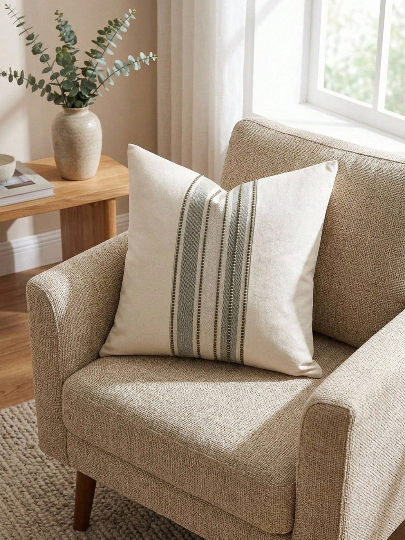 Cirelle 1pc Neutral Woven Stripe Throw Pillow Cover, Cream Boho Decorative Cushion Case, Textured Linen Look Accent Pillowcase For Sofa Couch Bedroom Decor (No Insert)