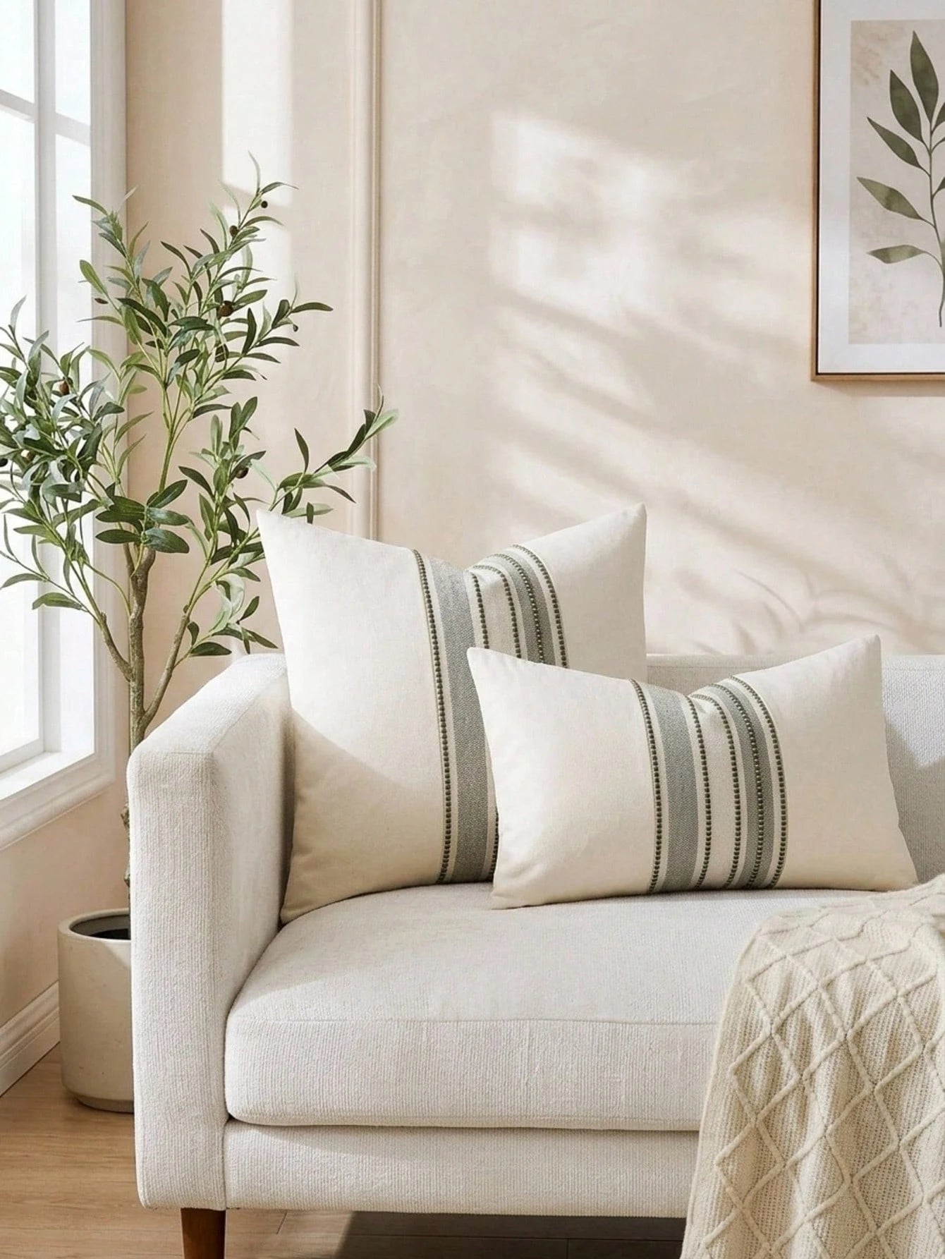 Cirelle 1pc Neutral Woven Stripe Throw Pillow Cover, Cream Boho Decorative Cushion Case, Textured Linen Look Accent Pillowcase For Sofa Couch Bedroom Decor (No Insert)