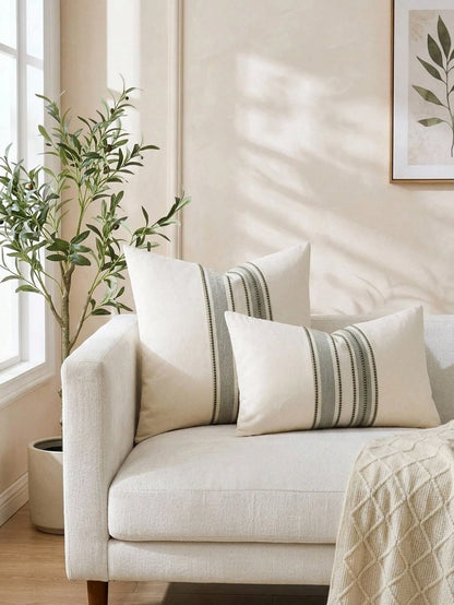 Cirelle 1pc Neutral Woven Stripe Throw Pillow Cover, Cream Boho Decorative Cushion Case, Textured Linen Look Accent Pillowcase For Sofa Couch Bedroom Decor (No Insert)