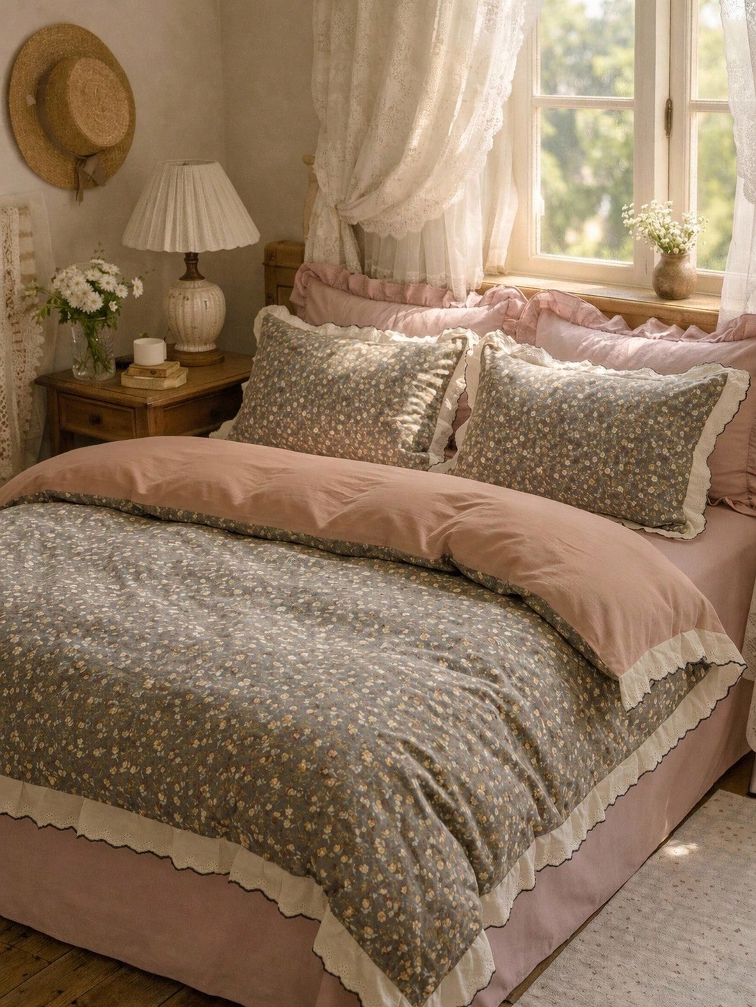 Cirelle 3pcs Vintage Floral Duvet Cover Set- Dark Green Floral Bedding Set With Ruffled Lace Edge, Soft Polyester Cottagecore Comforter Cover With 2 Pillow Shams (No Insert)