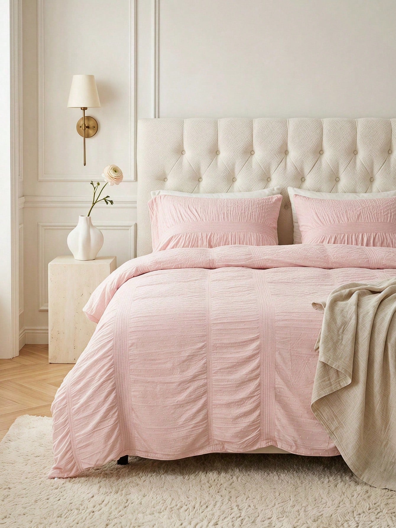 Cirelle Blush Pink Duvet Cover Set, Shabby Chic Clipped Dots Bedding Set, Romantic Ruched Pintuck Comforter Cover With Pillow Shams (1 Duvet Cover + 1/2 Pillowcases, No Insert)