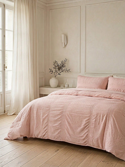 Cirelle Blush Pink Duvet Cover Set, Shabby Chic Clipped Dots Bedding Set, Romantic Ruched Pintuck Comforter Cover With Pillow Shams (1 Duvet Cover + 1/2 Pillowcases, No Insert)