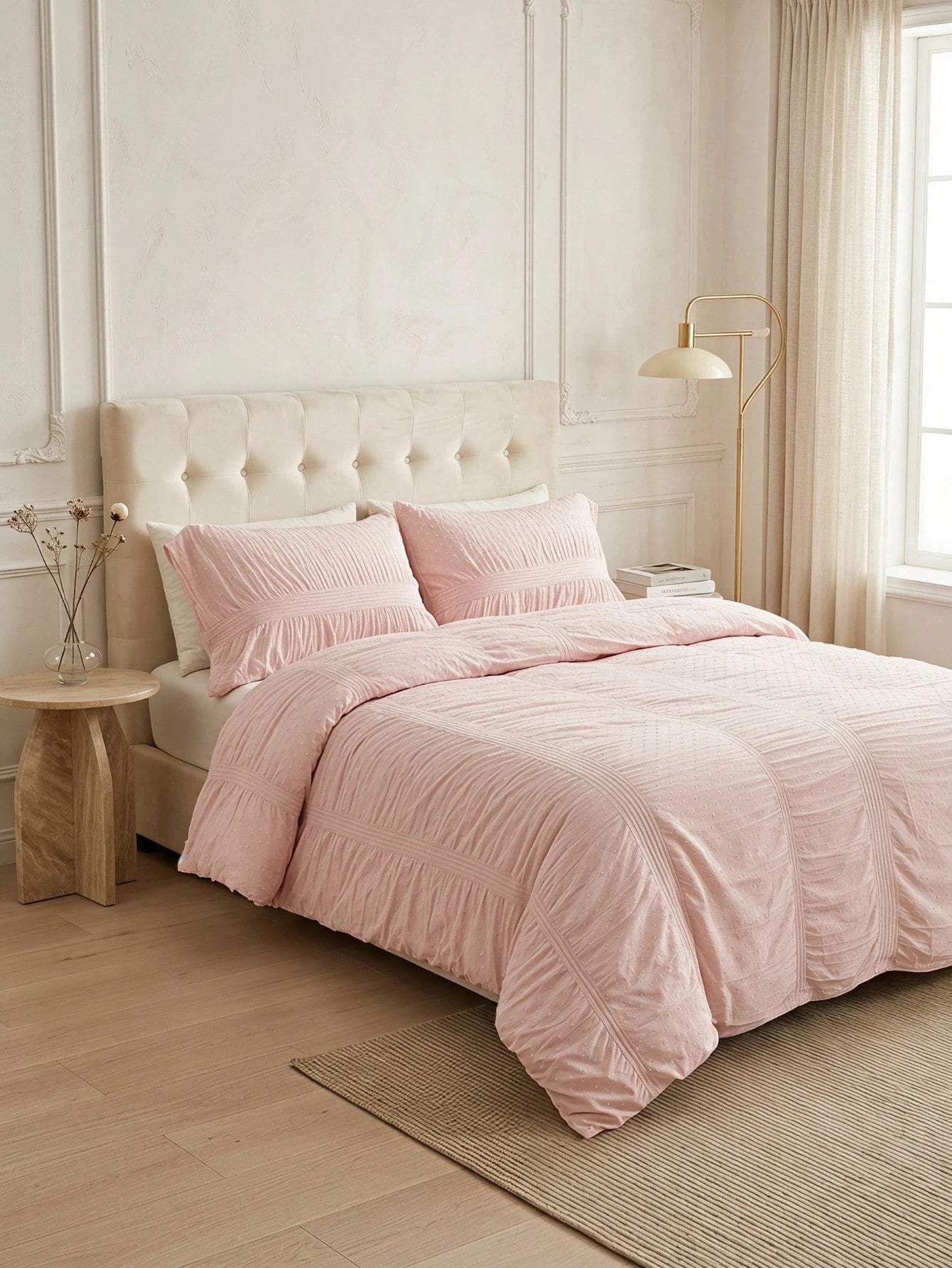 Cirelle Blush Pink Duvet Cover Set, Shabby Chic Clipped Dots Bedding Set, Romantic Ruched Pintuck Comforter Cover With Pillow Shams (1 Duvet Cover + 1/2 Pillowcases, No Insert)