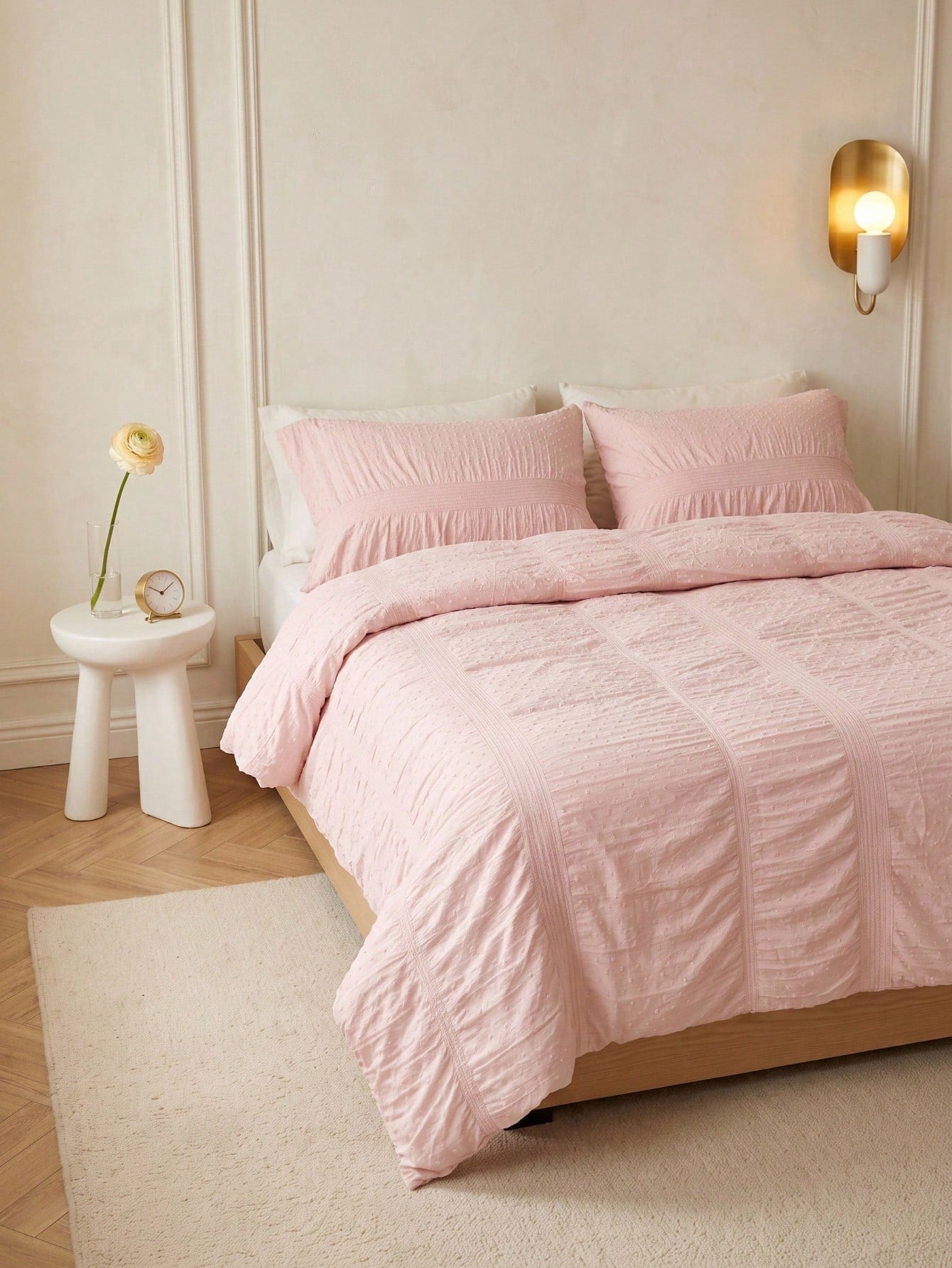 Cirelle Blush Pink Duvet Cover Set, Shabby Chic Clipped Dots Bedding Set, Romantic Ruched Pintuck Comforter Cover With Pillow Shams (1 Duvet Cover + 1/2 Pillowcases, No Insert)
