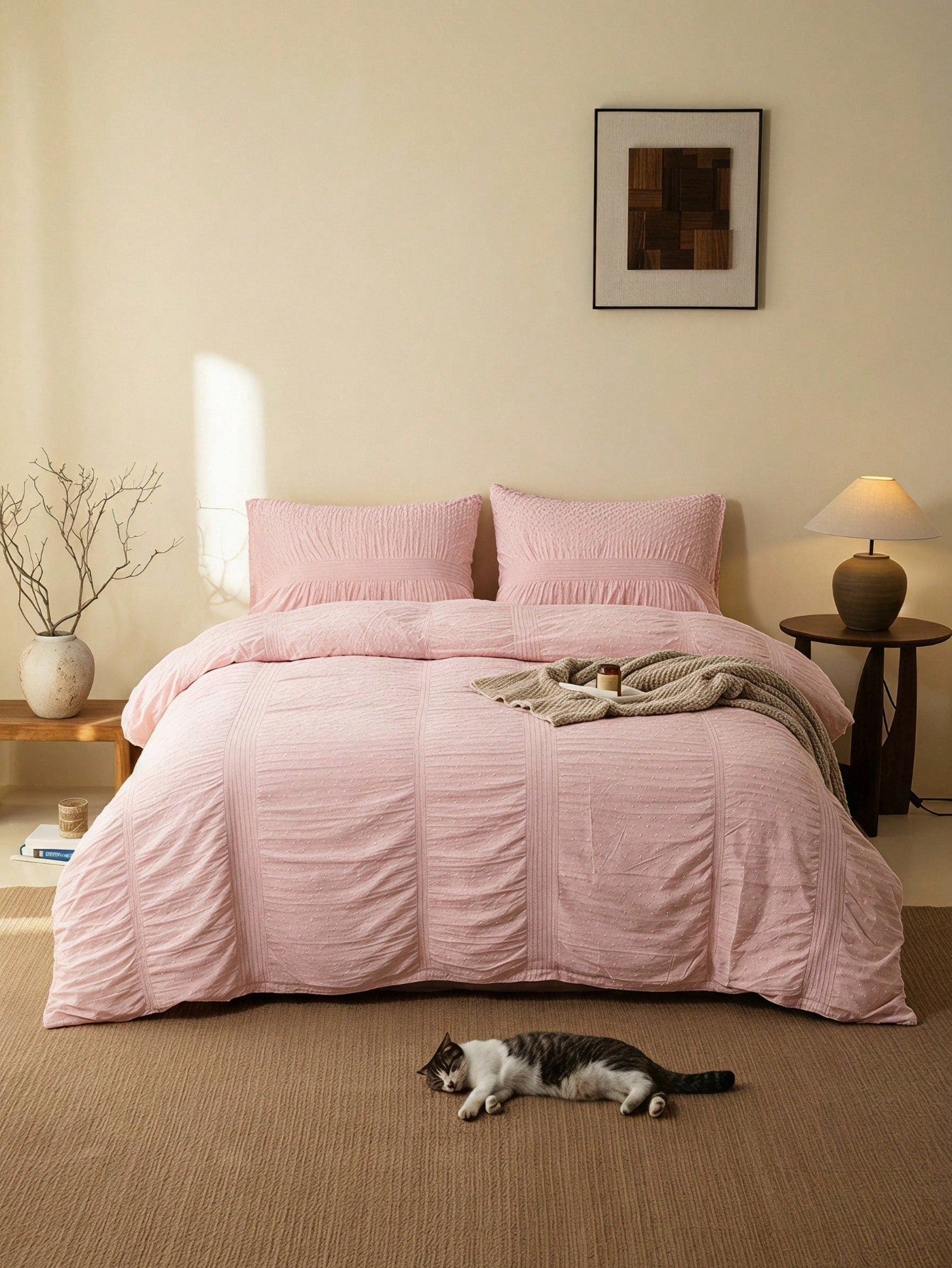 Cirelle Blush Pink Duvet Cover Set, Shabby Chic Clipped Dots Bedding Set, Romantic Ruched Pintuck Comforter Cover With Pillow Shams (1 Duvet Cover + 1/2 Pillowcases, No Insert)