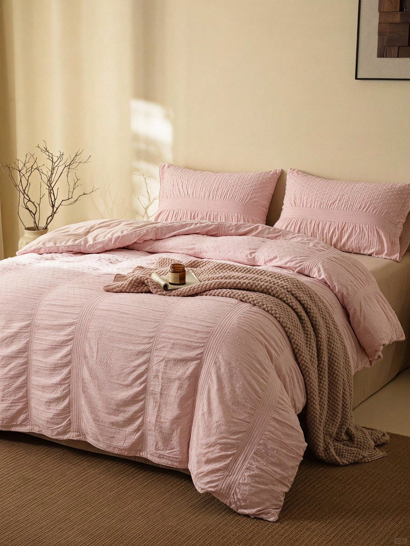 Cirelle Blush Pink Duvet Cover Set, Shabby Chic Clipped Dots Bedding Set, Romantic Ruched Pintuck Comforter Cover With Pillow Shams (1 Duvet Cover + 1/2 Pillowcases, No Insert)
