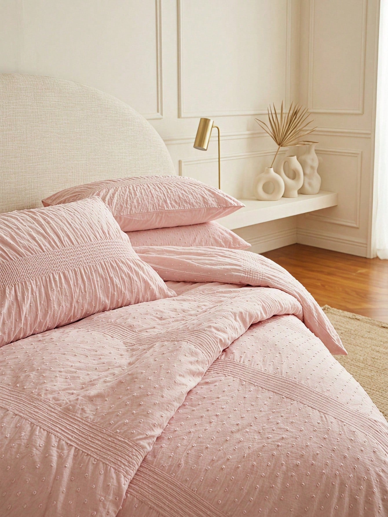 Cirelle Blush Pink Duvet Cover Set, Shabby Chic Clipped Dots Bedding Set, Romantic Ruched Pintuck Comforter Cover With Pillow Shams (1 Duvet Cover + 1/2 Pillowcases, No Insert)