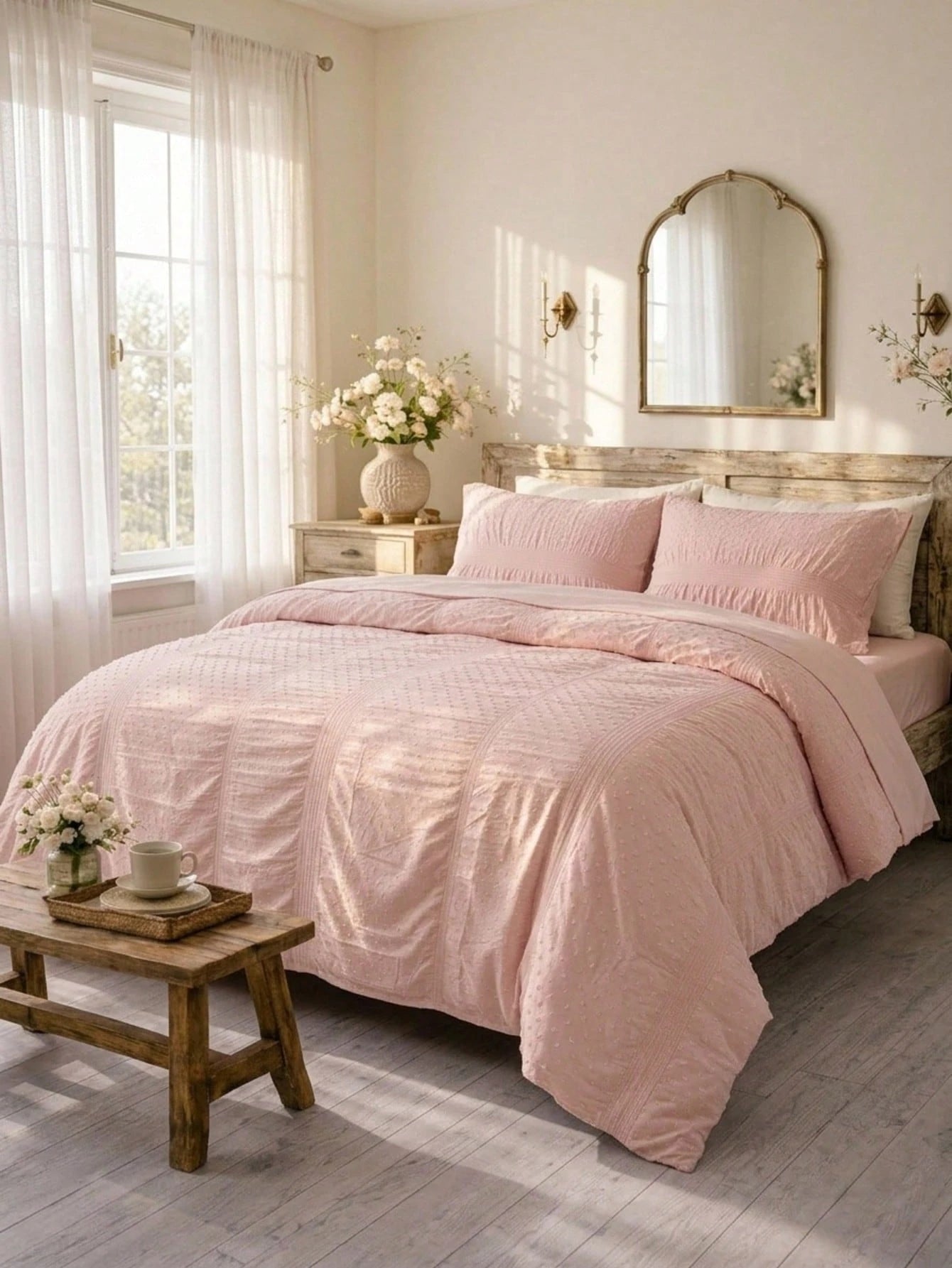 Cirelle Blush Pink Duvet Cover Set, Shabby Chic Clipped Dots Bedding Set, Romantic Ruched Pintuck Comforter Cover With Pillow Shams (1 Duvet Cover + 1/2 Pillowcases, No Insert)