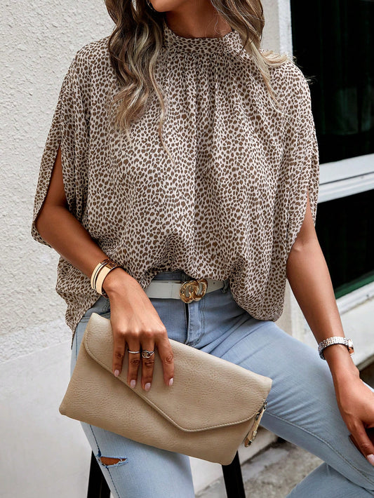 Clasi Allover Print Batwing Sleeve Mock Neck Tie Back Blouse