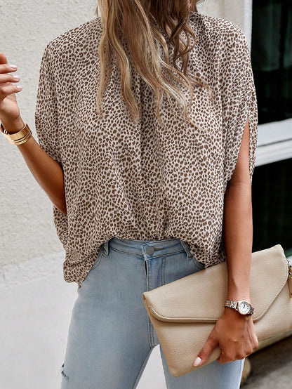 Clasi Allover Print Batwing Sleeve Mock Neck Tie Back Blouse