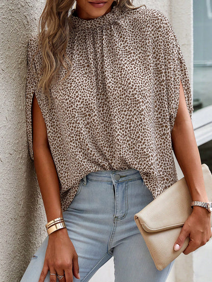 Clasi Allover Print Batwing Sleeve Mock Neck Tie Back Blouse