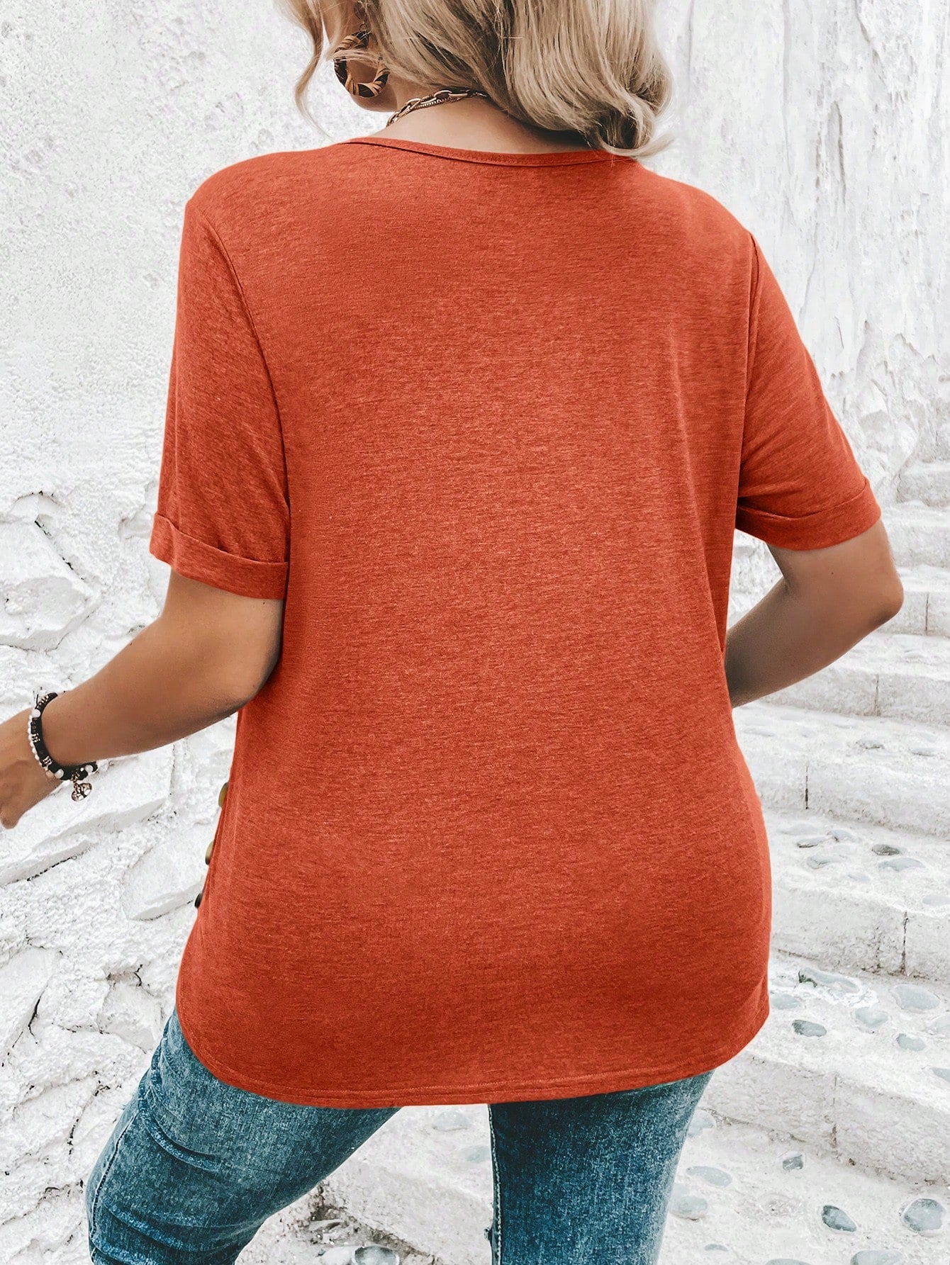 Clasi Plus Size Women's Short Sleeve T-Shirt With Hem Button Decoration