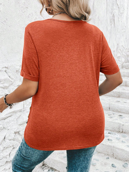 Clasi Plus Size Women's Short Sleeve T-Shirt With Hem Button Decoration