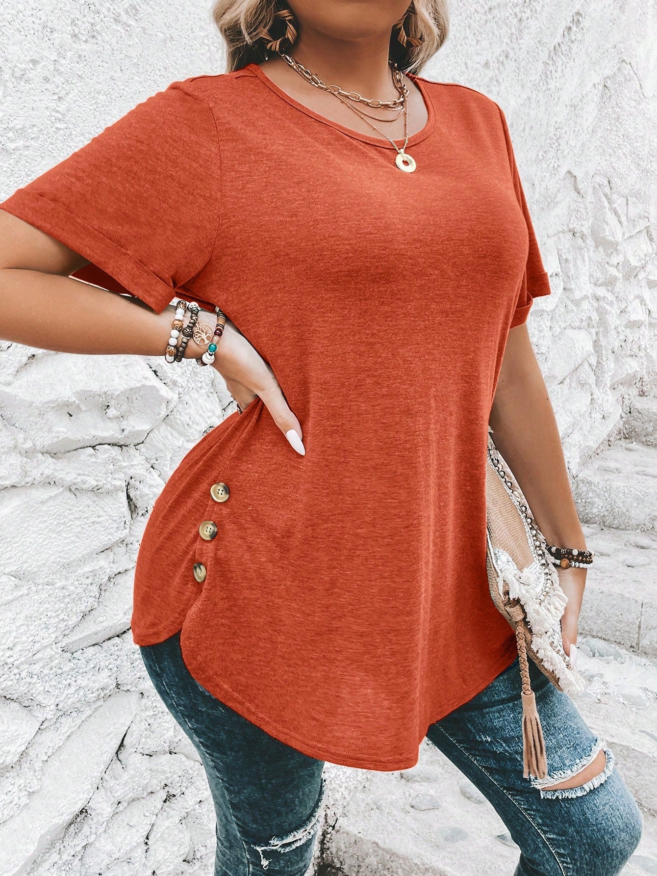 Clasi Plus Size Women's Short Sleeve T-Shirt With Hem Button Decoration