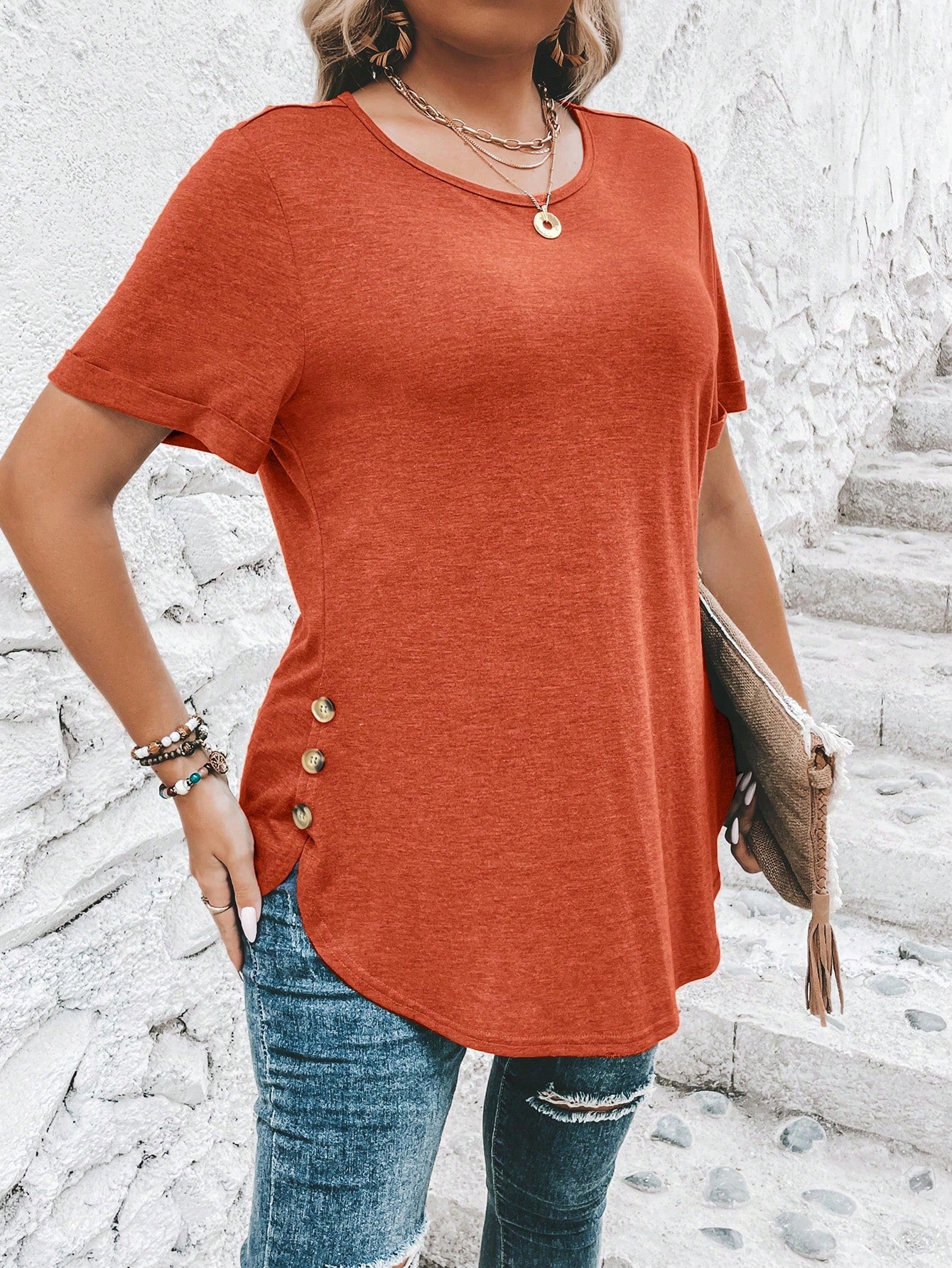Clasi Plus Size Women's Short Sleeve T-Shirt With Hem Button Decoration