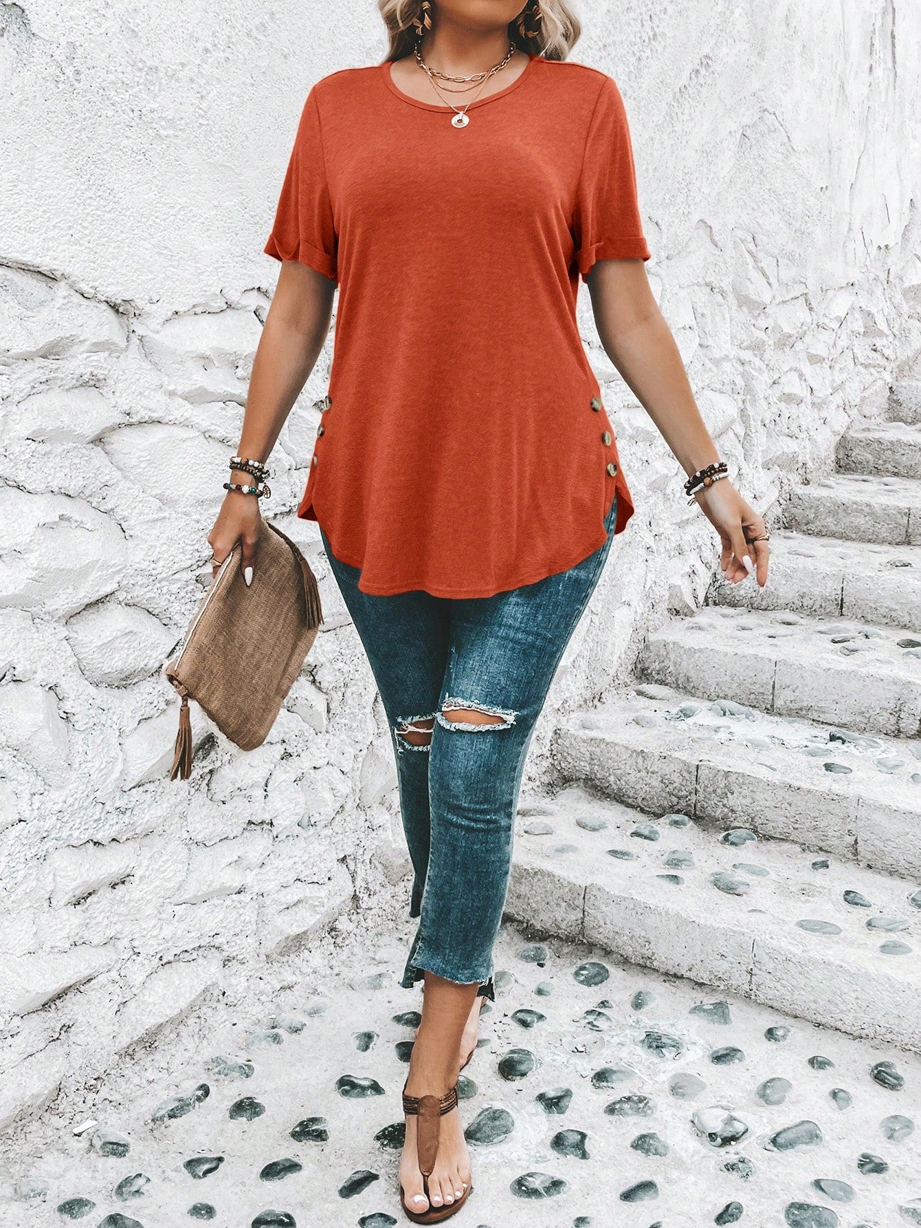 Clasi Plus Size Women's Short Sleeve T-Shirt With Hem Button Decoration