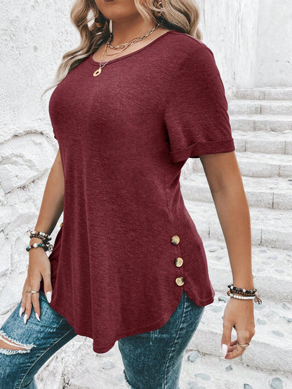 Clasi Plus Size Women's Short Sleeve T-Shirt With Hem Button Decoration